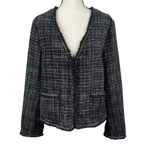 Max Studio London Women's Tweed Blazer Jacket XL Black White Fringe Open Front